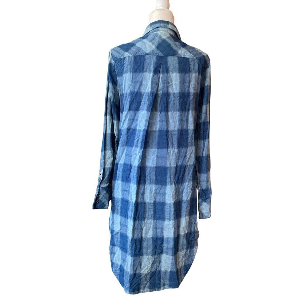 FREE PEOPLE Blue Plaid Flannel Button-Down Tunic Shirt Oversized Boho Grunge M - Picture 2 of 13